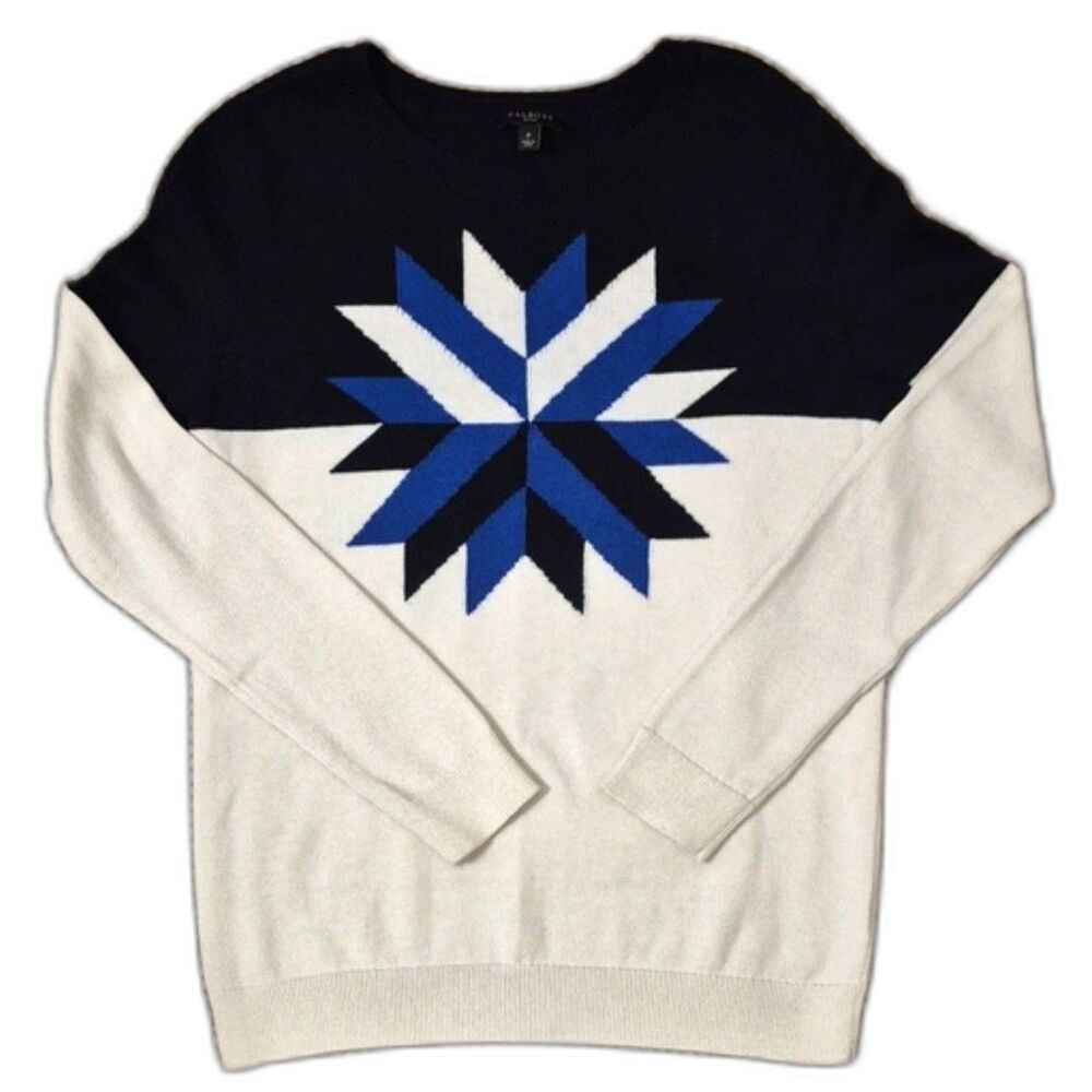 Talbots Wool Bend Geometric Starburst Sweater P Small Blue Black Colorblock